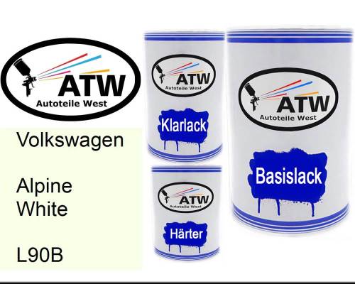 Volkswagen, Alpine White, L90B: 500ml Lackdose + 500ml Klarlack + 250ml Härter - Set, von ATW Autoteile West.